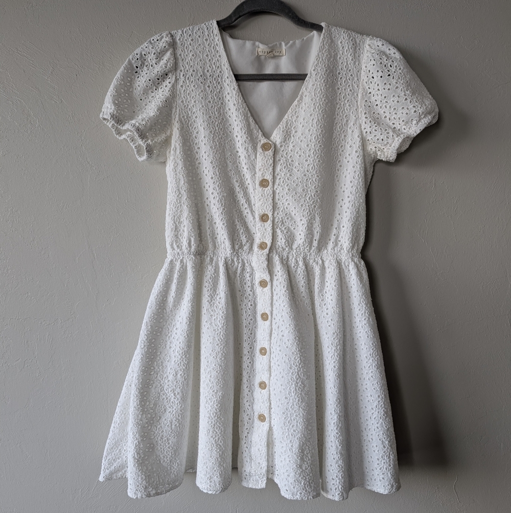 Copper Key White Elegant Boho Eyelet Button Down Mini Dress Size M Cotton Linen